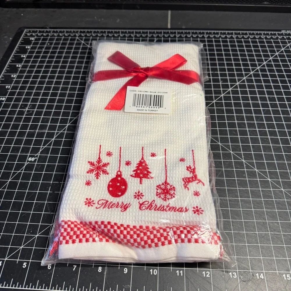 New Merry Christmas Embroidered Waffle Weave Kitchen Towel Set of 2 Red White